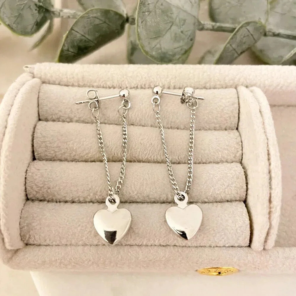 925 Sterling Silver Dangle Heart Chain Earrings Long Drop Heart Earrings